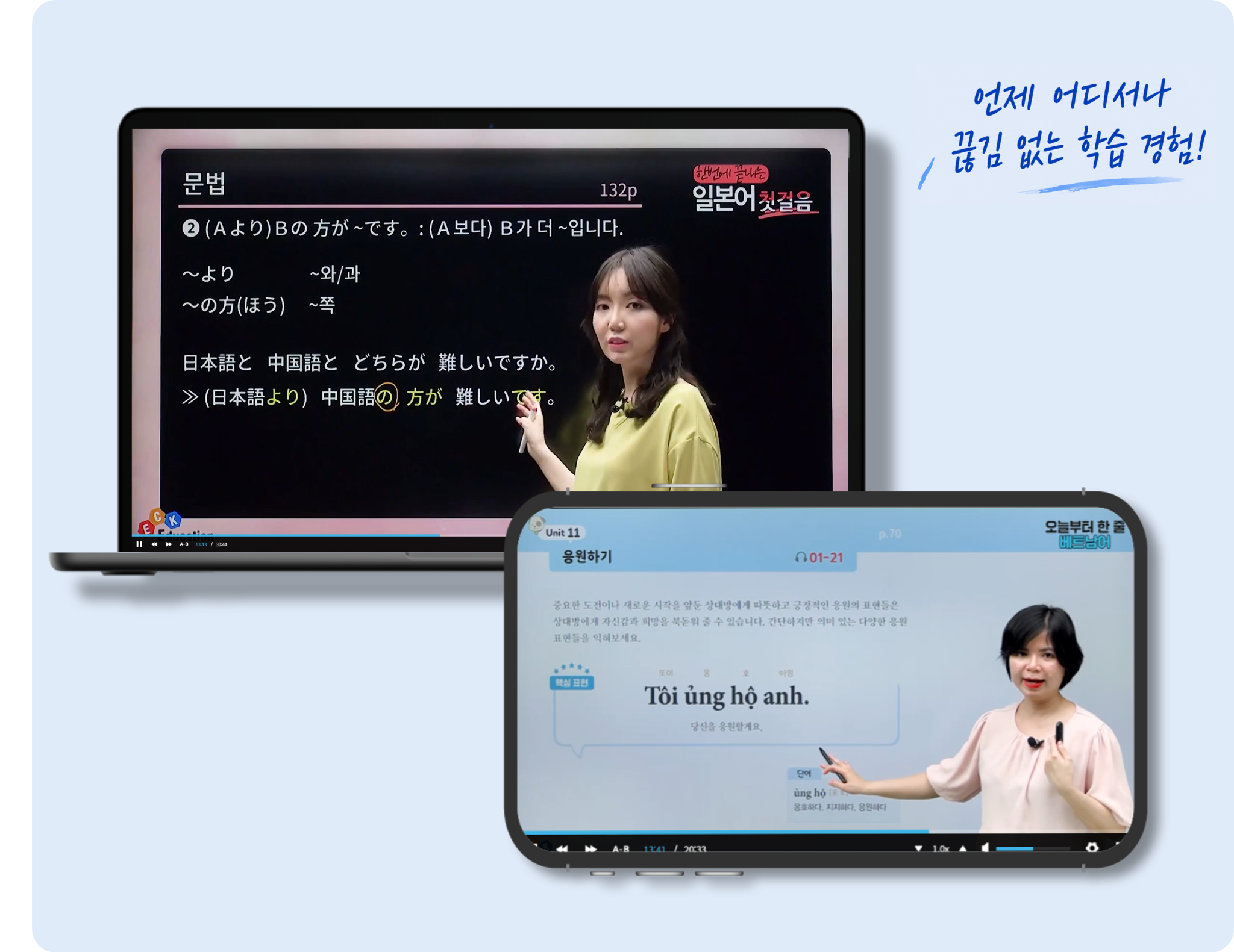 PC 태블릿 모바일에서 이용 가능한 멀티디바이스 학습 화면